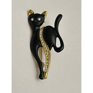 Black & Gold Cat Brooch Enamel & Rhinestones sleek Vintage 2.125" Tall X 1" Wide